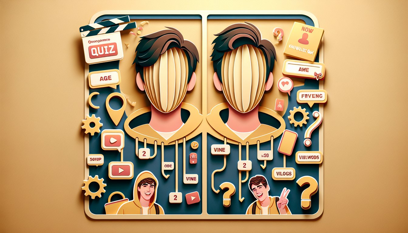 Paper art illustration for Dolan Twins quiz features stylized silhouettes of twin brothers vines vlogs golden yellow background