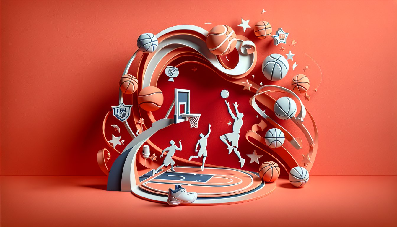 Paper art basketball scene with court players and hoop on coral background, promoting European basketball quiz challenge.