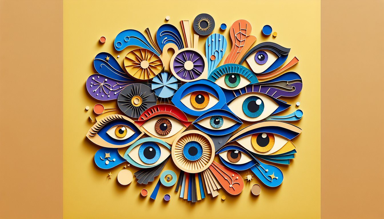 paper art illustration of eyes in various colors on a golden yellow background inviting an eye color quiz