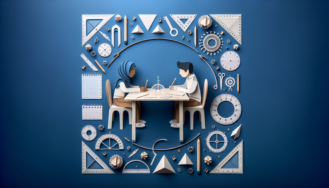 Paper art promoting Area Word Wonders, a trivia for 7th-grade math students on area calculations.