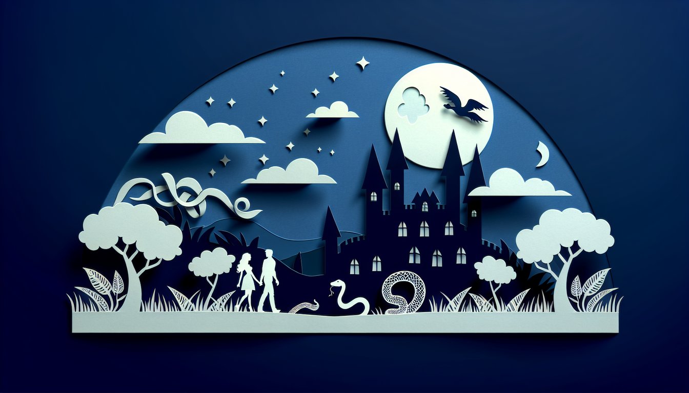 Paper art illustration for Draco Malfoy dating quiz on a dark blue background