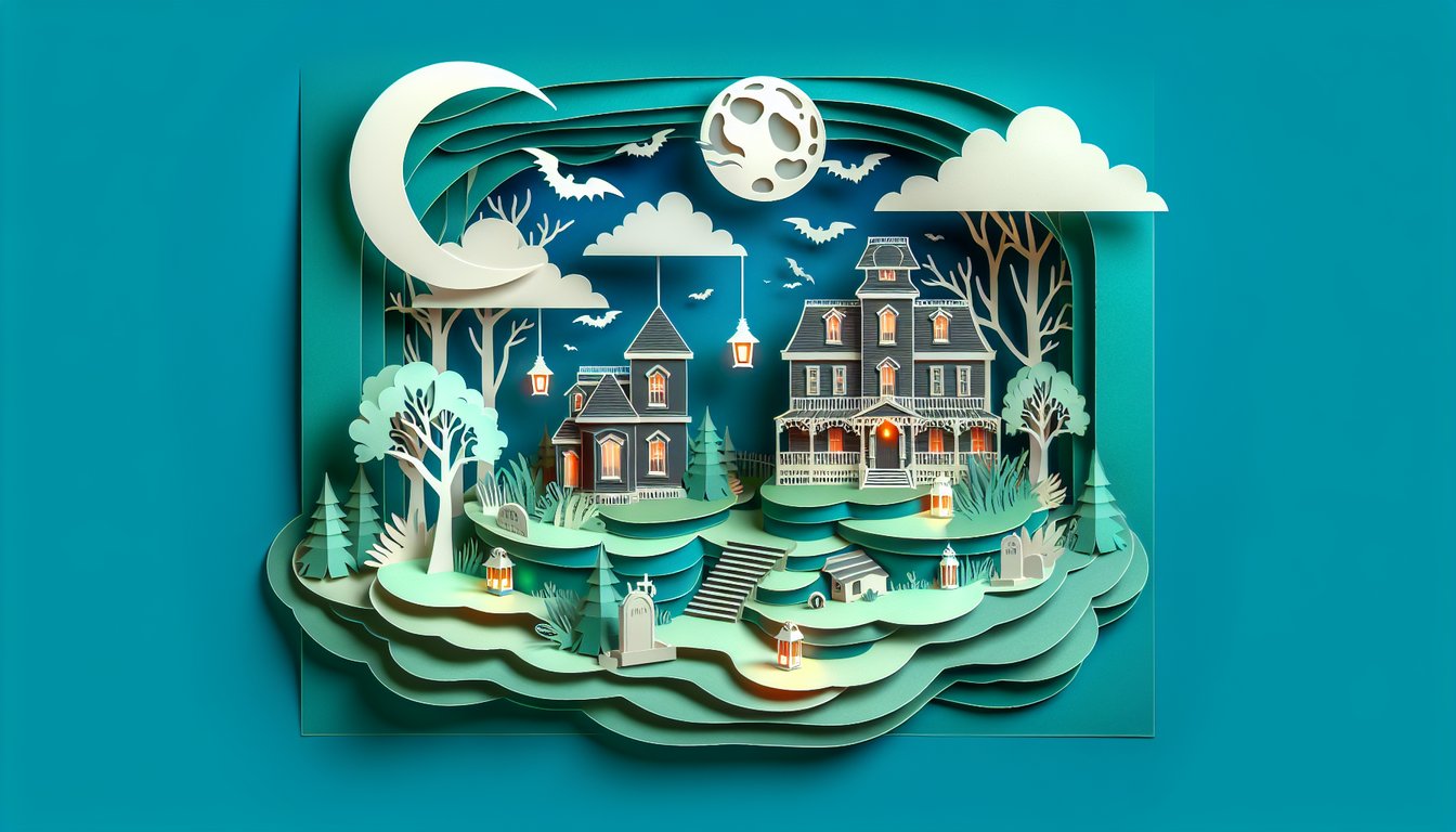 Paper art illustration for horror movie survival quiz on a teal background