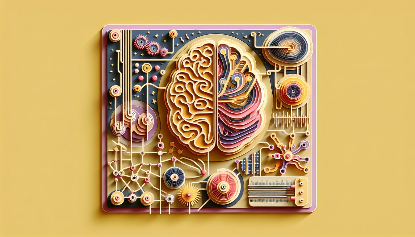paper art style brain with neural network icons cranial nerves cerebellum sensory symbols on golden yellow background