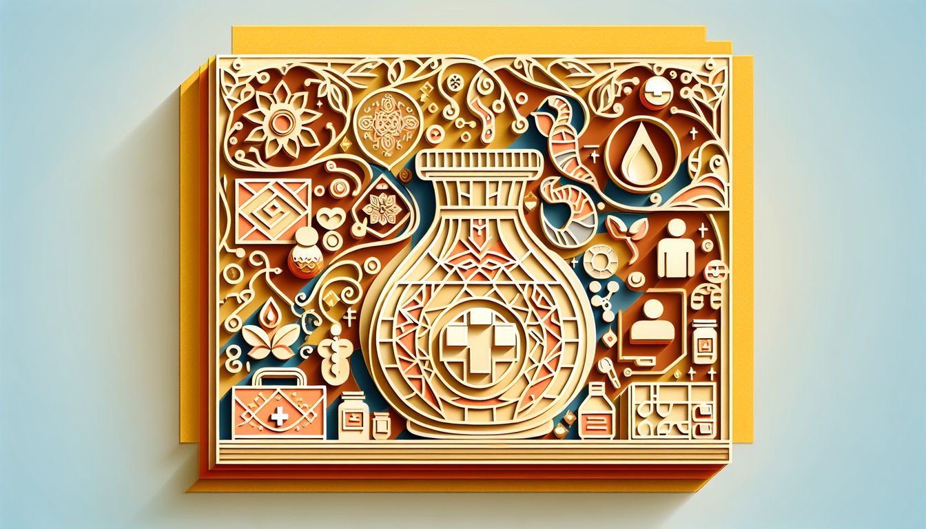 Paper art showing medicine bag with heritage symbols and identity motifs on golden yellow background