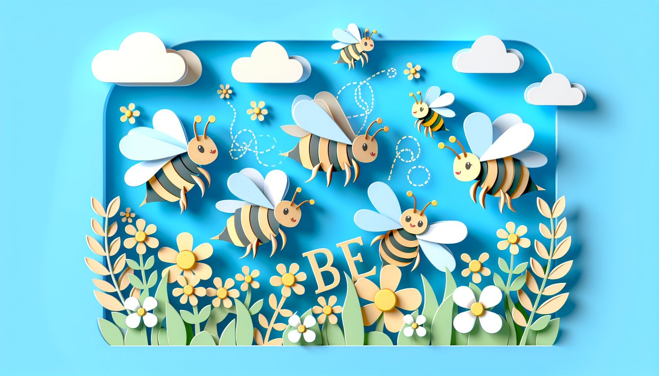 Paper art style illustration of bee movie and Akeelah and the Bee quiz with honeycomb bees pencil on sky blue background