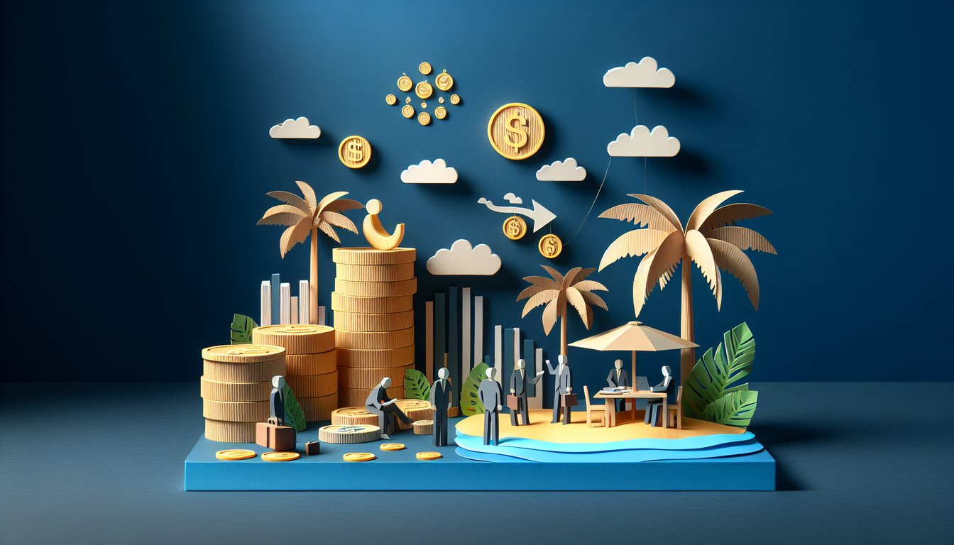 Colorful paper art depicting Caribbean-themed elements for a business knowledge quiz