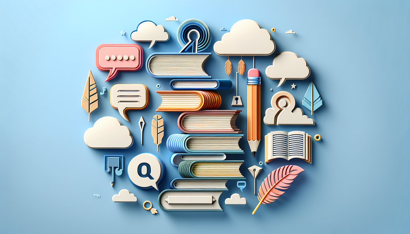 Paper art illustration with grammar book pencil and quiz cards for a subordinate clause quiz on a sky blue background