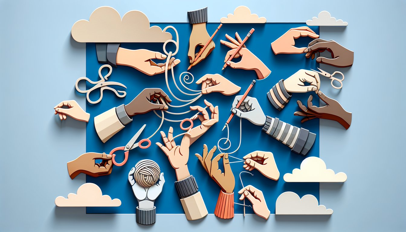 Paper art illustrating ambidexterity test on a sky blue background