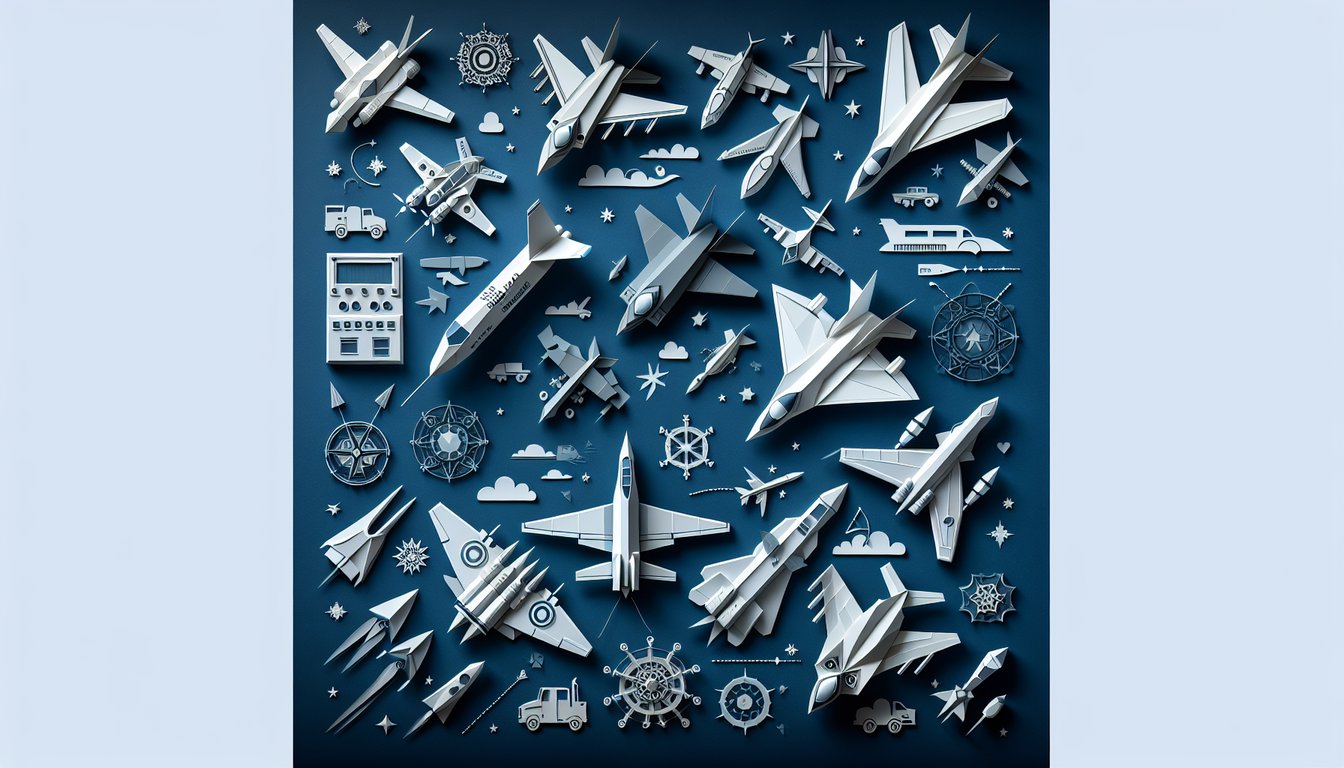 Colorful paper art displaying various military aircraft systems for a knowledge quiz