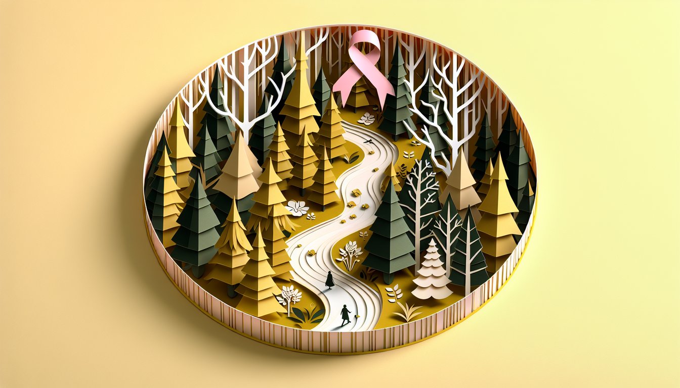 paper art illustration showing pilgrim walking into a dark forest with hidden faces and symbols on a yellow background