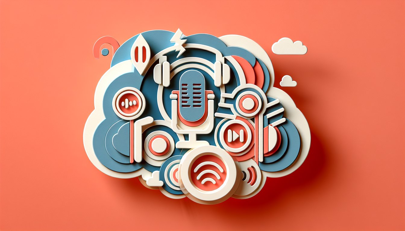 Paper art illustration of a mobile phone with podcast icons quiz prompt on coral background