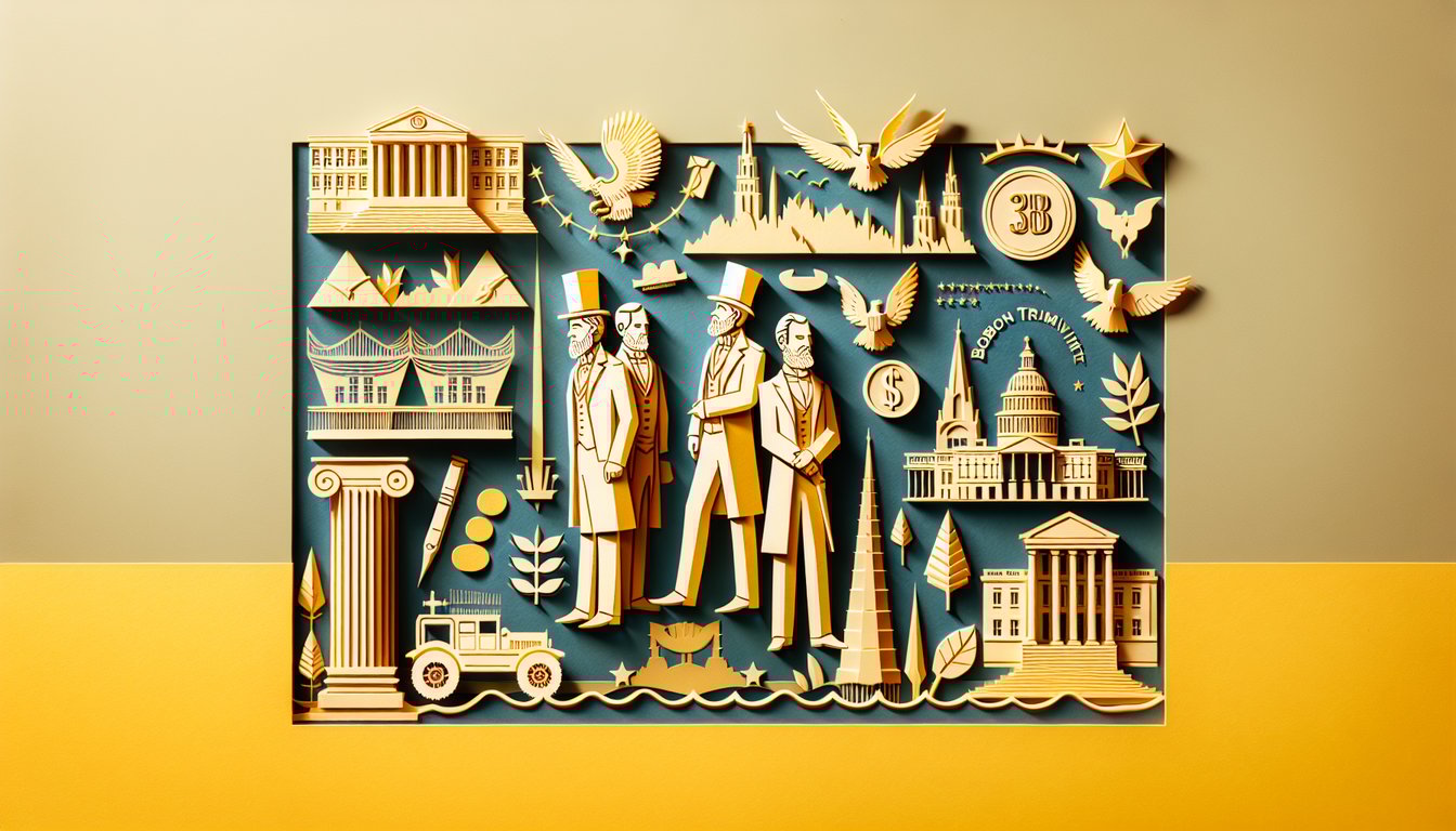 Paper art illustration depicting Bourbon Triumvirate quiz concept on golden yellow background with political economic motifs