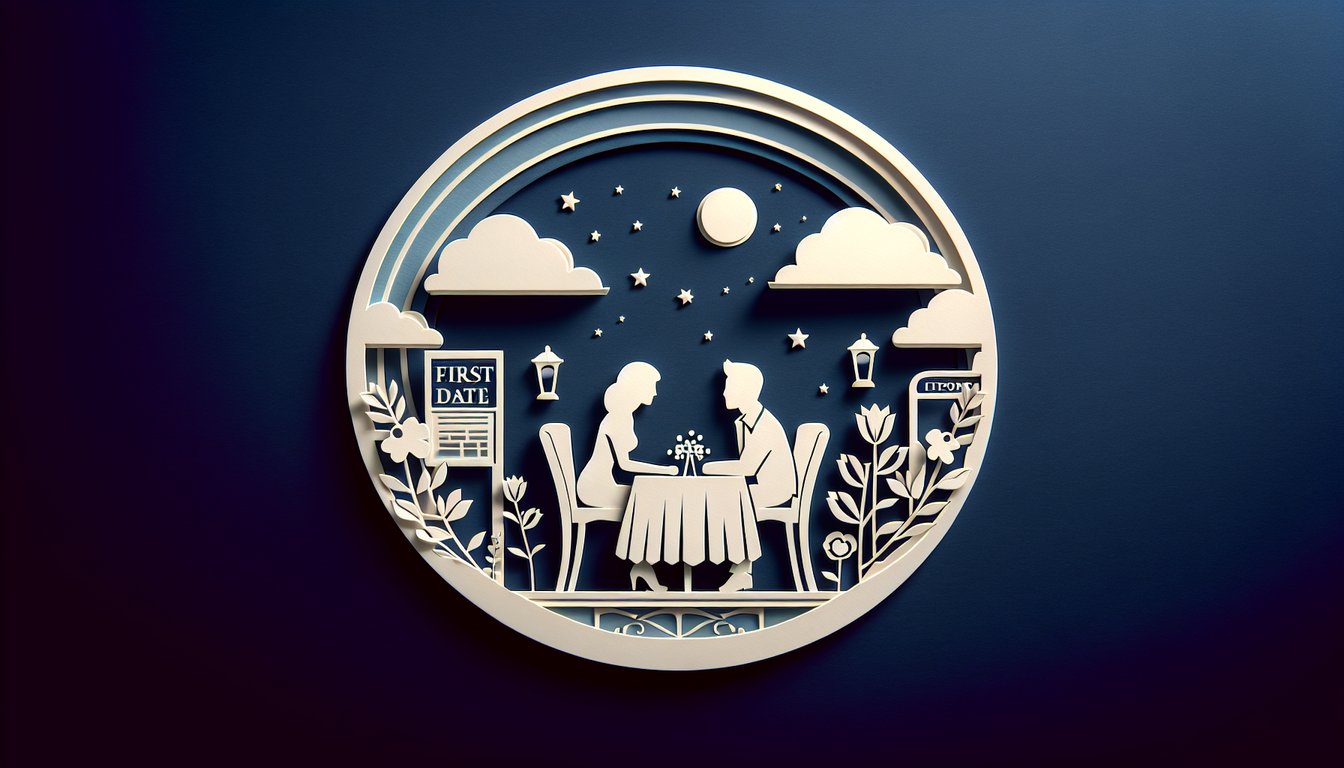 Paper art quiz illustration of couple silhouette inside heart with question marks flowers and arrows on dark blue background