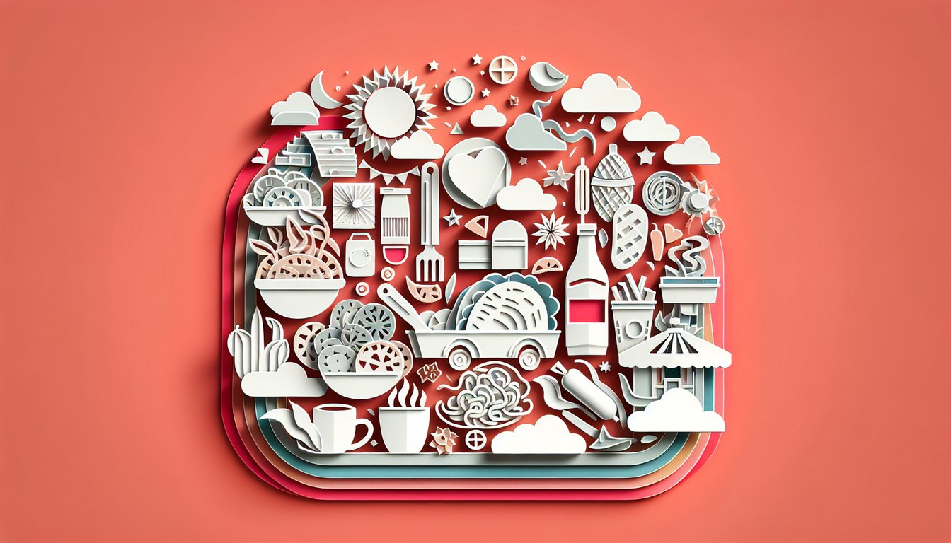 Paper art illustration for Too Many Tamales quiz on a coral background