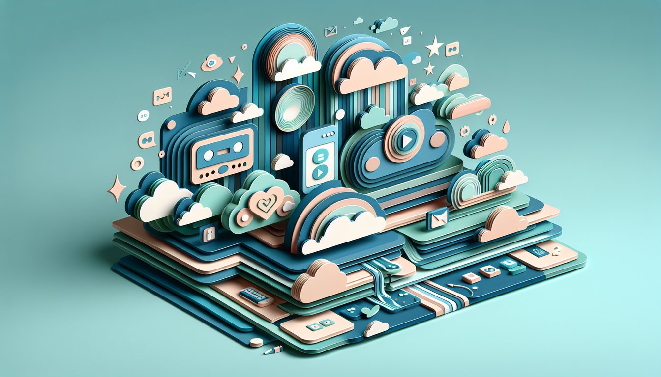 Paper art illustration showing laptop with quiz interface, playful shapes pencils chat bubbles on teal background