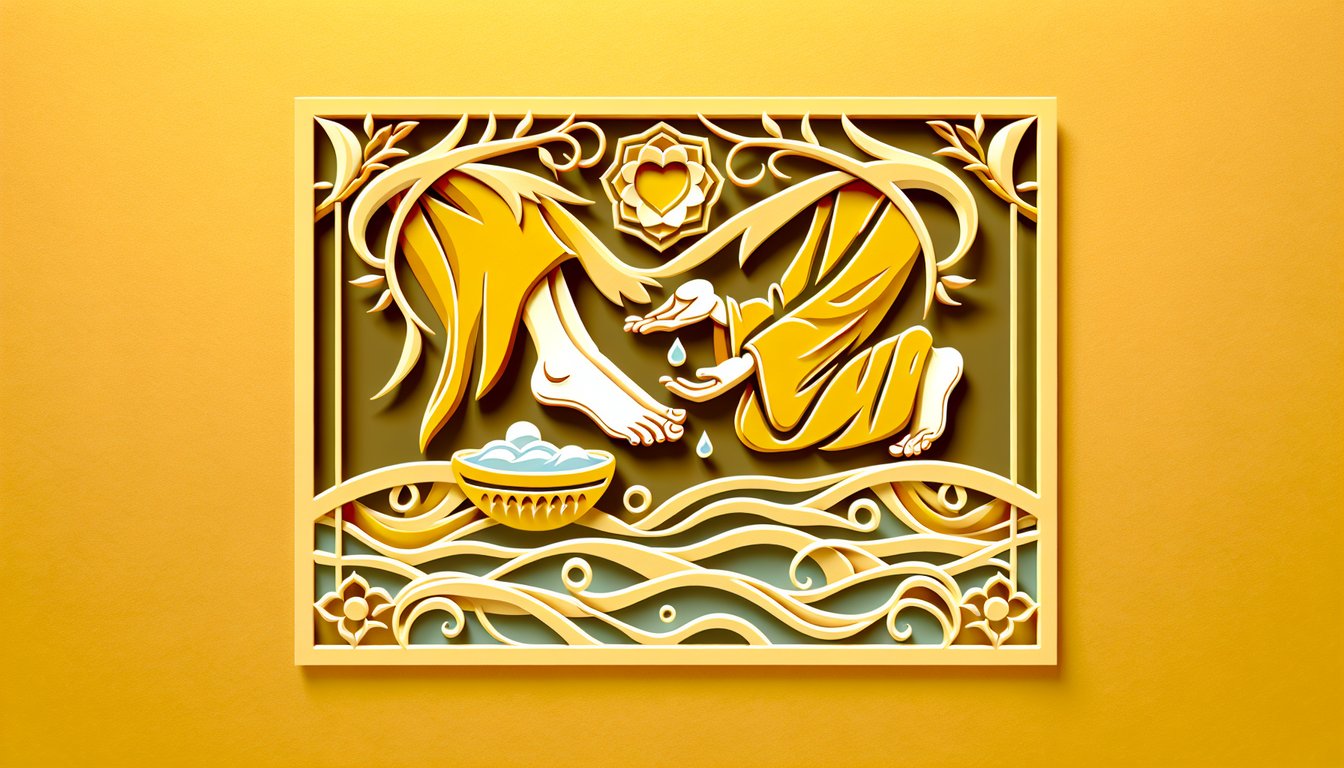 Paper art illustration for Bible quiz on John 13-15 with 15 questions on a golden yellow background.