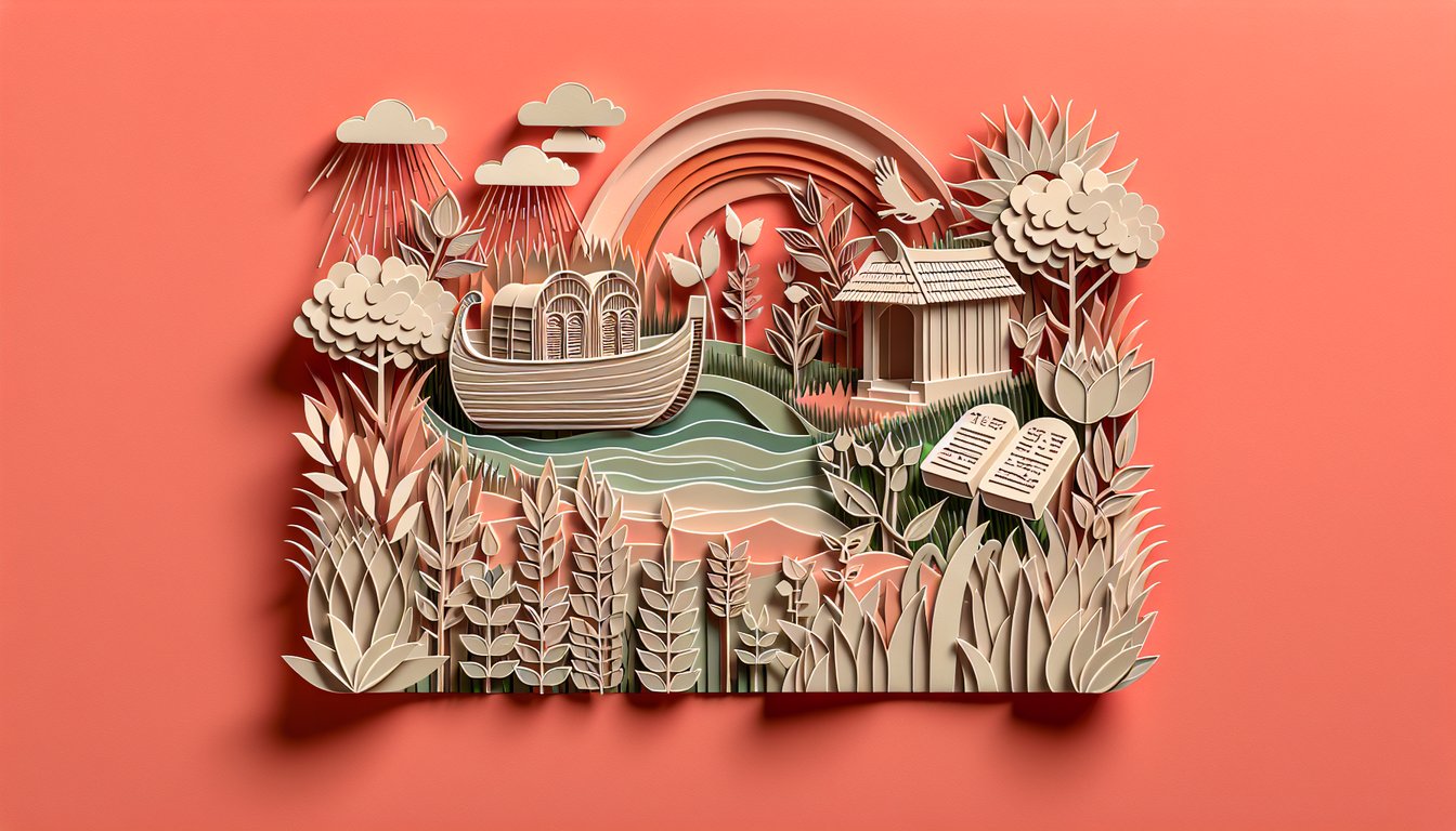 Ilustracion en papel estilo collage de Biblia abierta fondo coral con iconos de preguntas y sello quiz biblico
