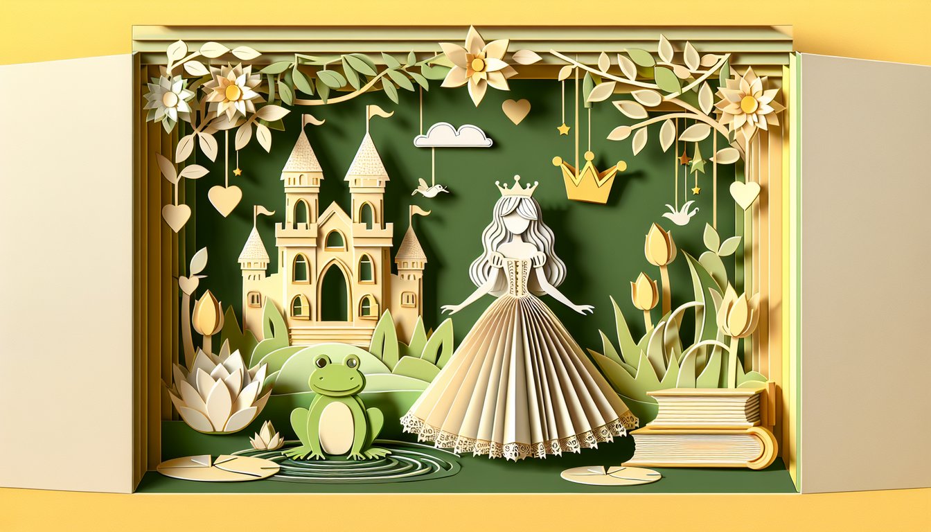 Paper art illustration for Princess and the Frog trivia quiz on a golden yellow background