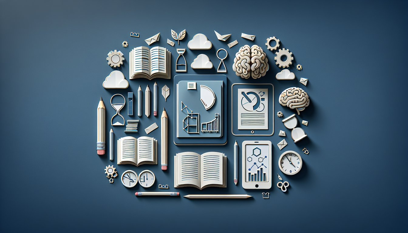 Paper art illustration of quiz practice test elements study guide questions and arrows on dark blue background.