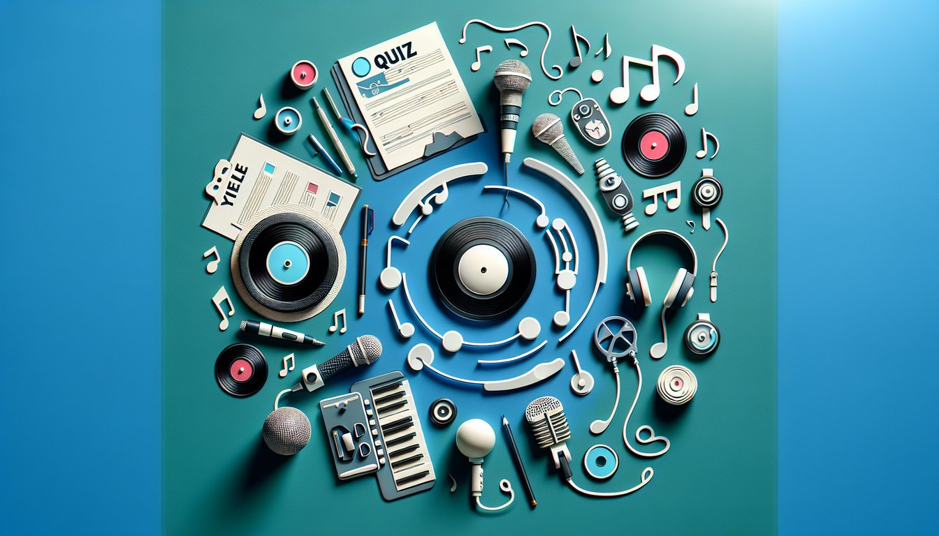 Paper art illustration for a quiz to uncover your inner music icon on a teal background