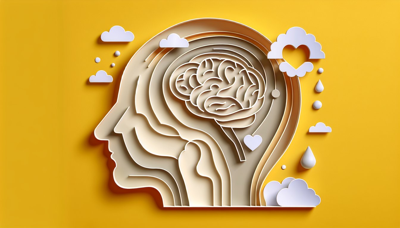paper art brain puzzle shapes with person silhouettes on golden yellow background for free mental health quiz
