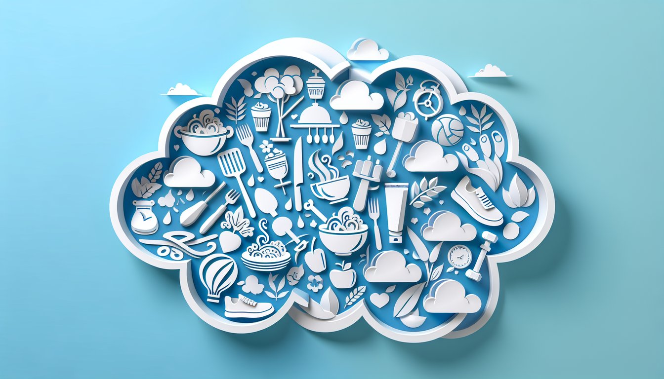 Paper art illustration of quiz themes with food service icons, checklists and fitness symbols on a sky blue background