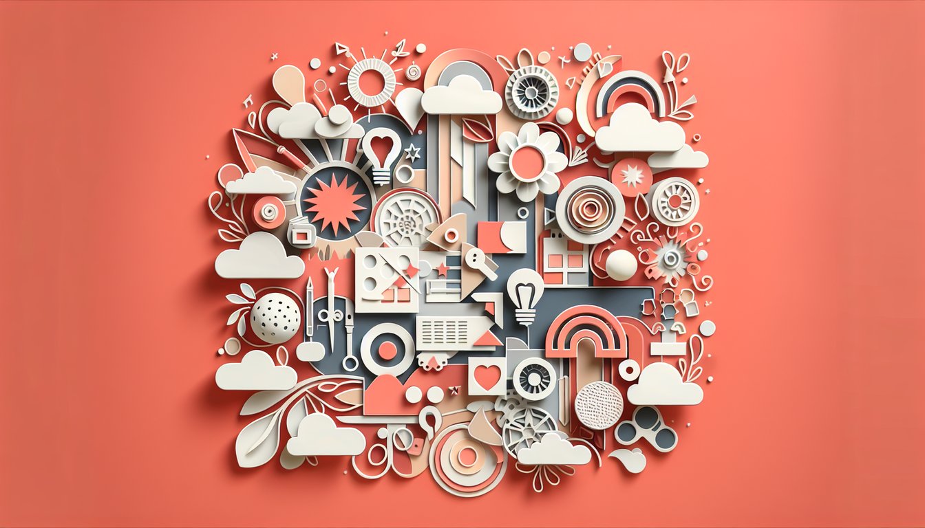 Paper art shapes with brush pencil palette framing quiz title on coral background