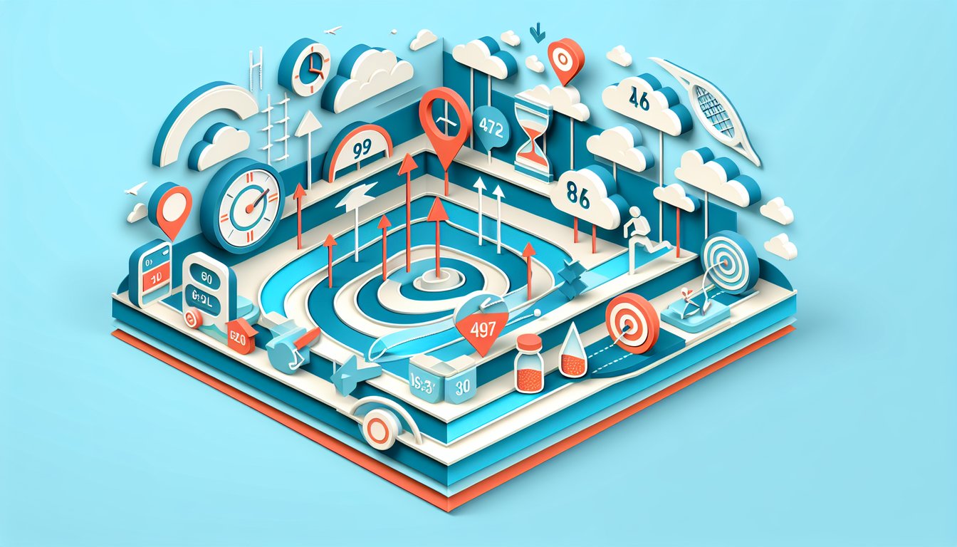 Paper art illustration quiz about short-term goals clocks checklists score meter on sky blue background