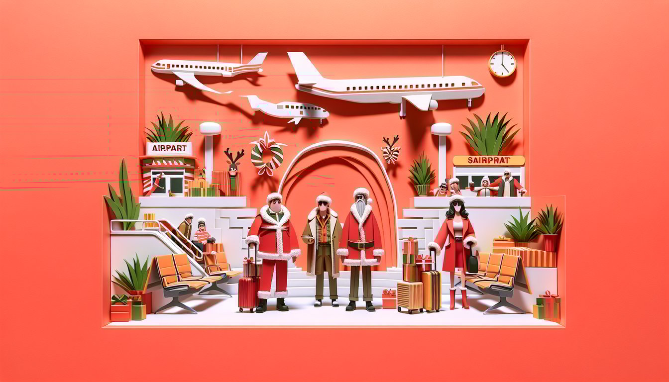 paper art holiday quiz scene with snowy house tree gifts airplane on runway coral background