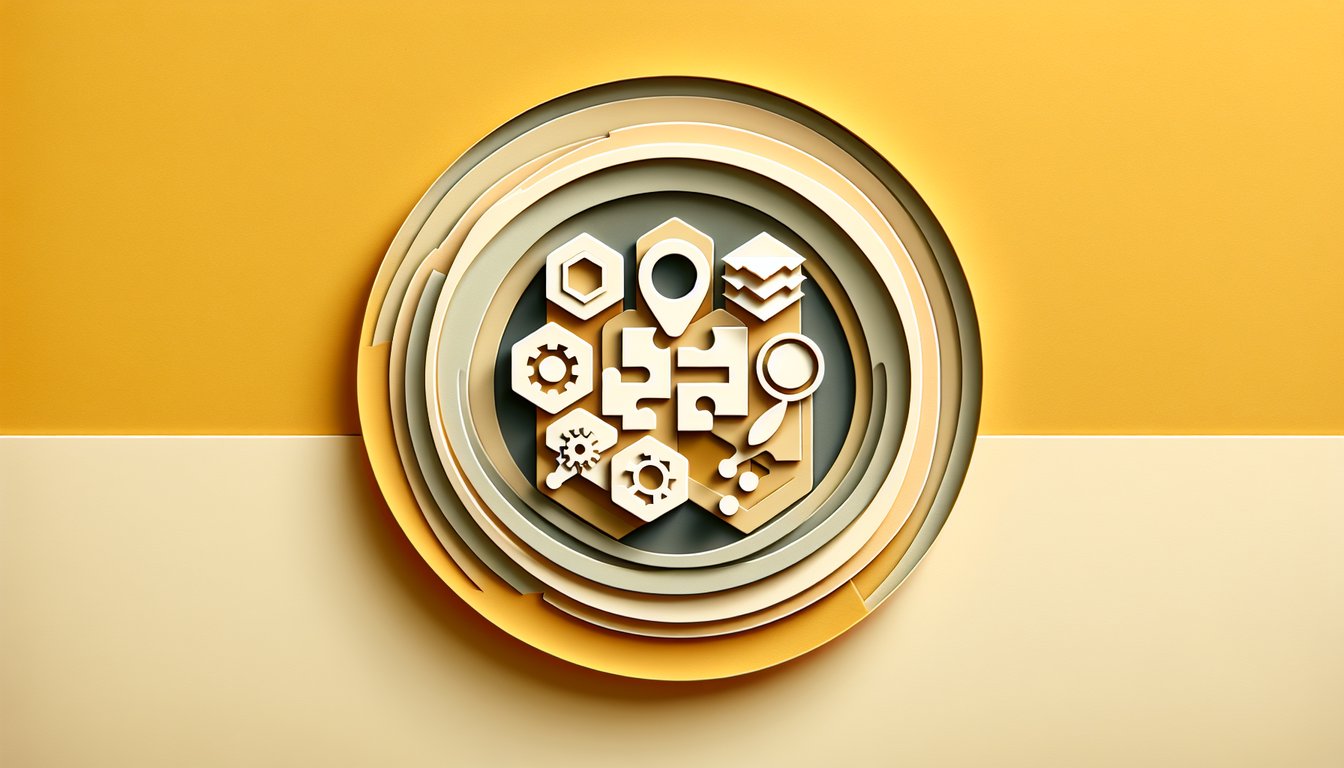 Paper art puzzle pieces, book, magnifying glass and arrows link analogy reasoning concepts on golden yellow background