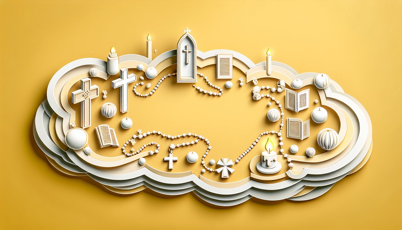 Paper art illustration for Are You Catholic quiz on golden yellow background