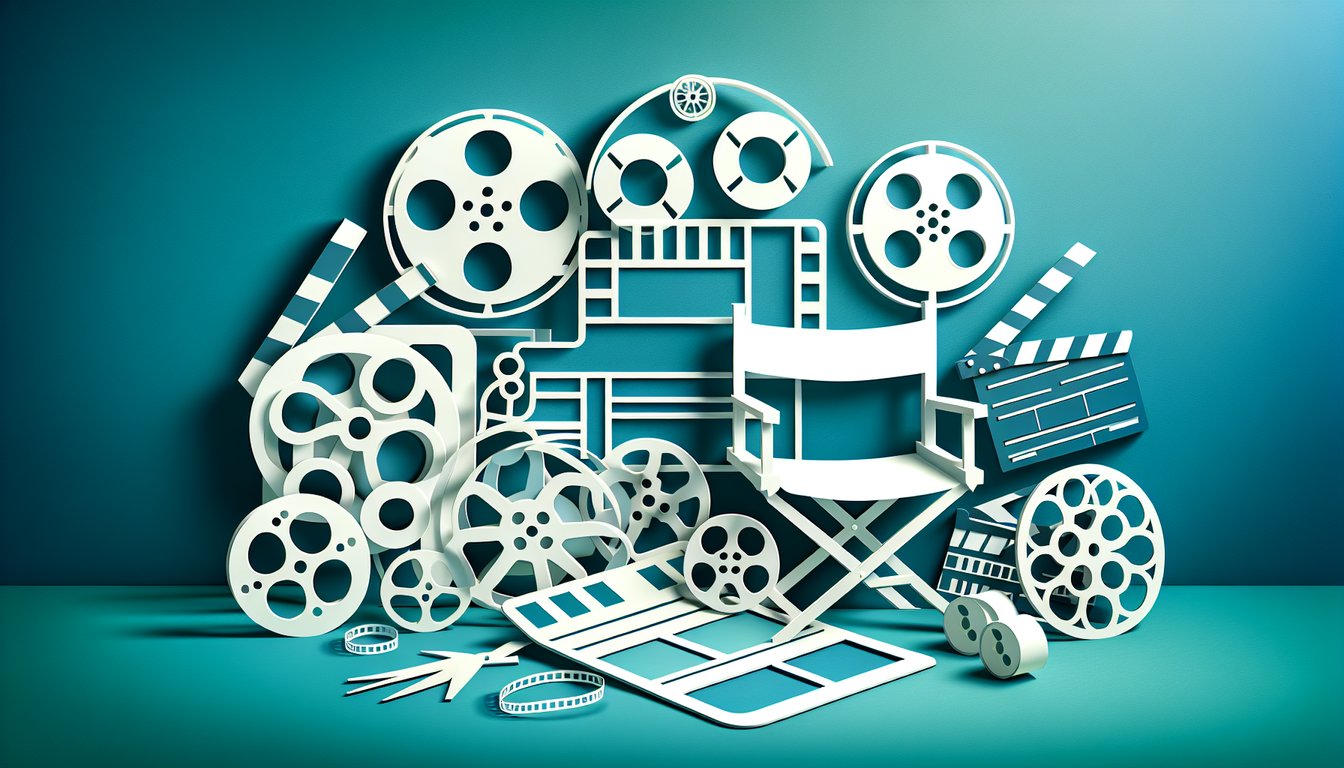 Paper art style illustration of film reel clapperboard popcorn on teal background promoting Ultimate Movie Quiz