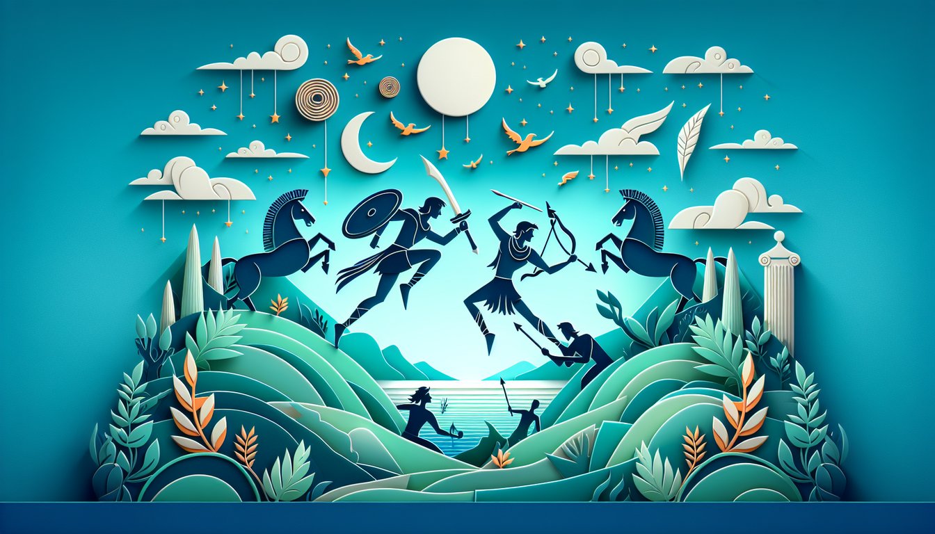 paper art illustration with lightning bolt trident sea serpent icons and quiz title Challenge Yourself on teal background