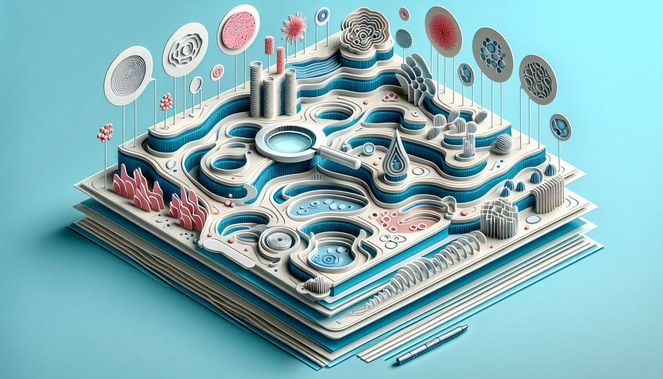 Paper art illustration displaying epithelial tissue types labeled for a quiz on a sky blue background
