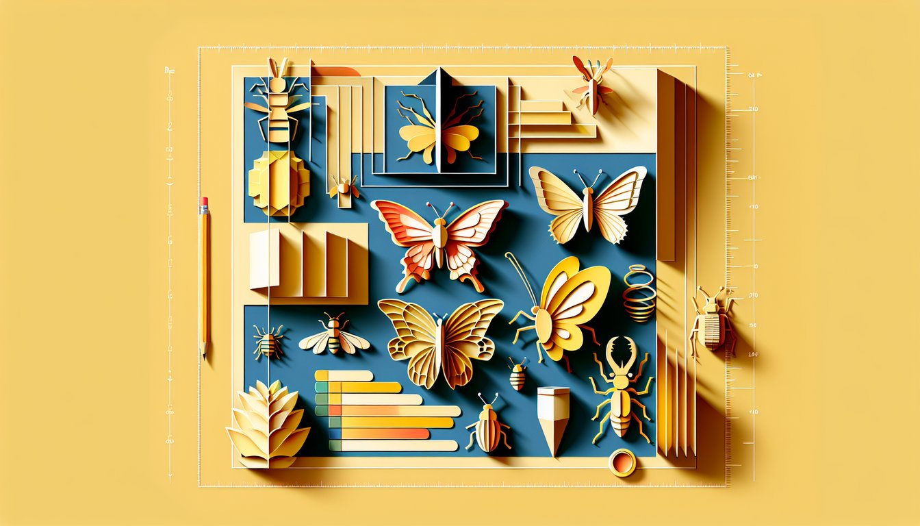 Paper art insects arranged on golden yellow background for bug personality quiz