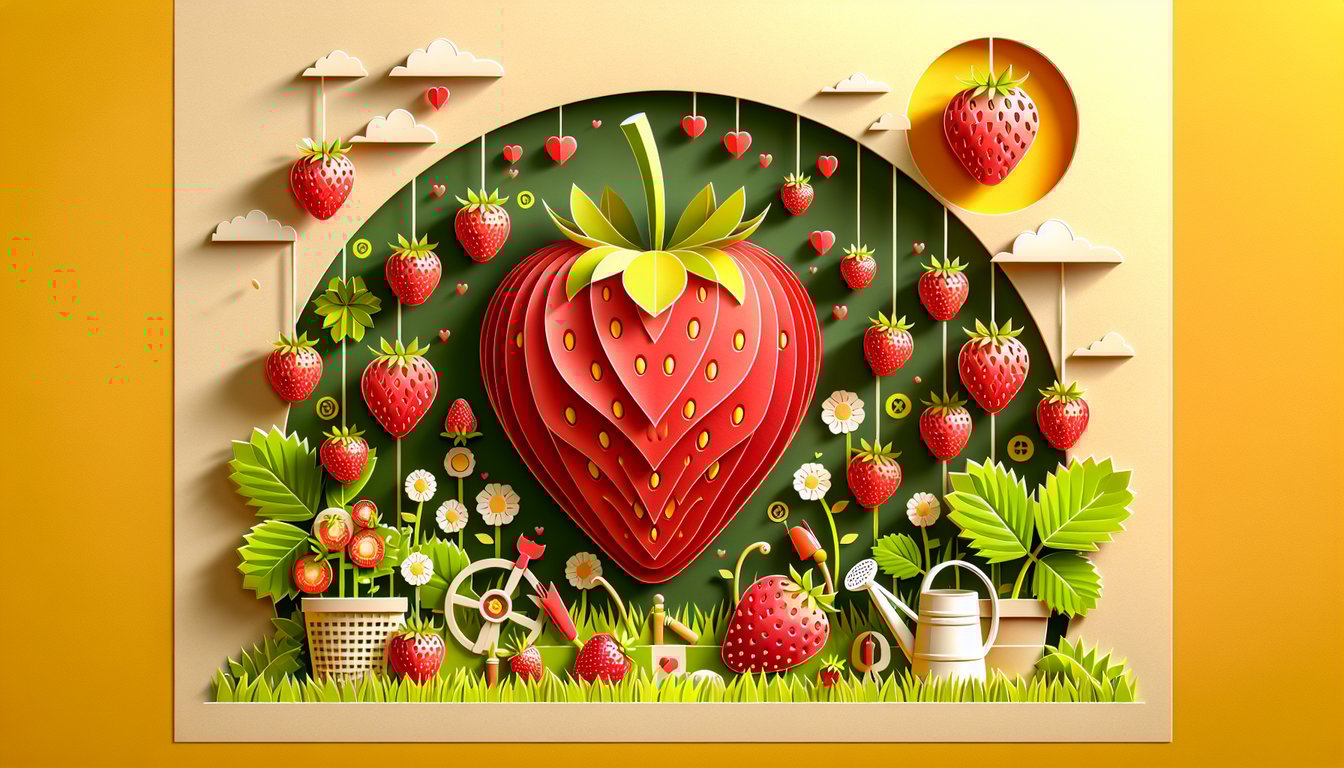 Paper art illustration for strawberry expertise quiz on a golden yellow background