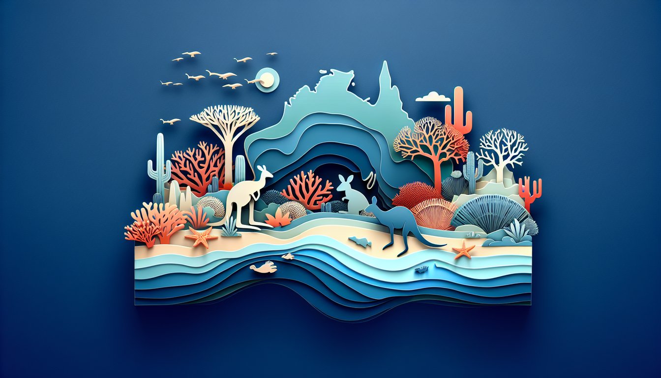 Paper art illustration of Australia trivia quiz with kangaroo map boab tree and quiz text on dark blue background