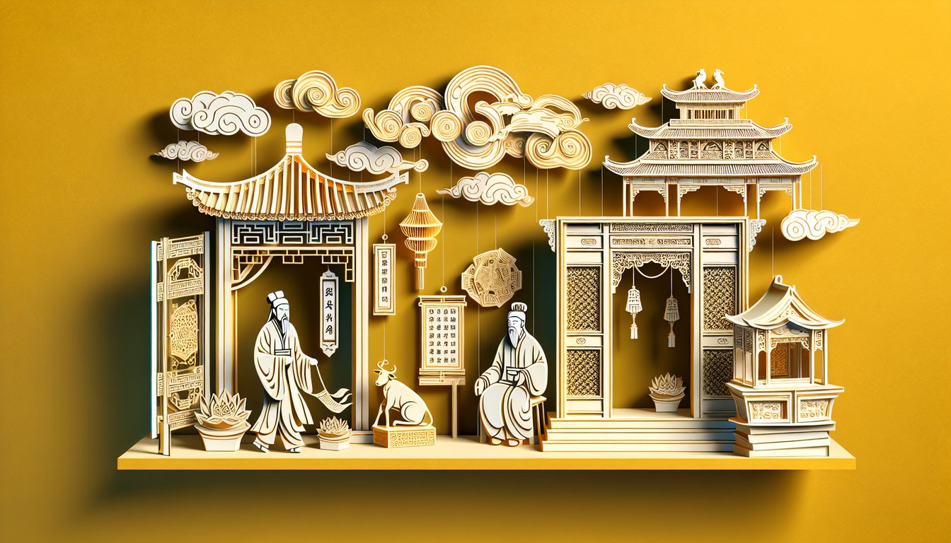 Paper art illustration featuring Confucius silhouette lotus mandala Great Wall Taj Mahal symbols on golden yellow background