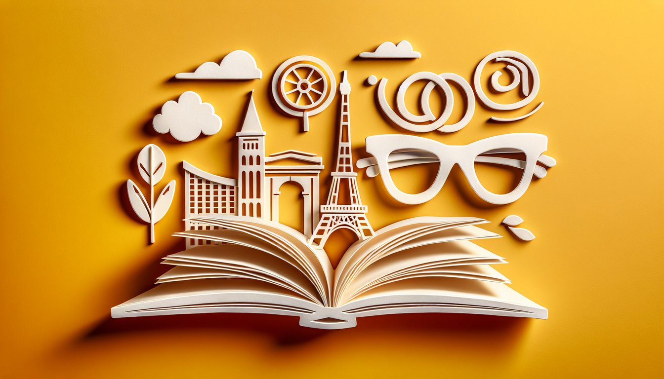paper art style French vocabulary quiz scene with flashcards pencil and progress bar on golden yellow background