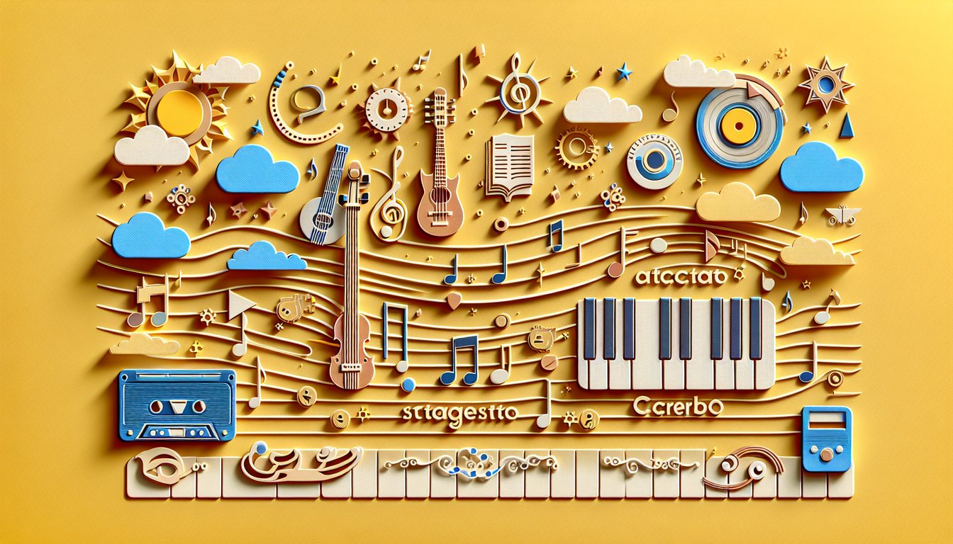 Paper art music symbols on golden yellow background for quiz on staccato legato accelerando and more