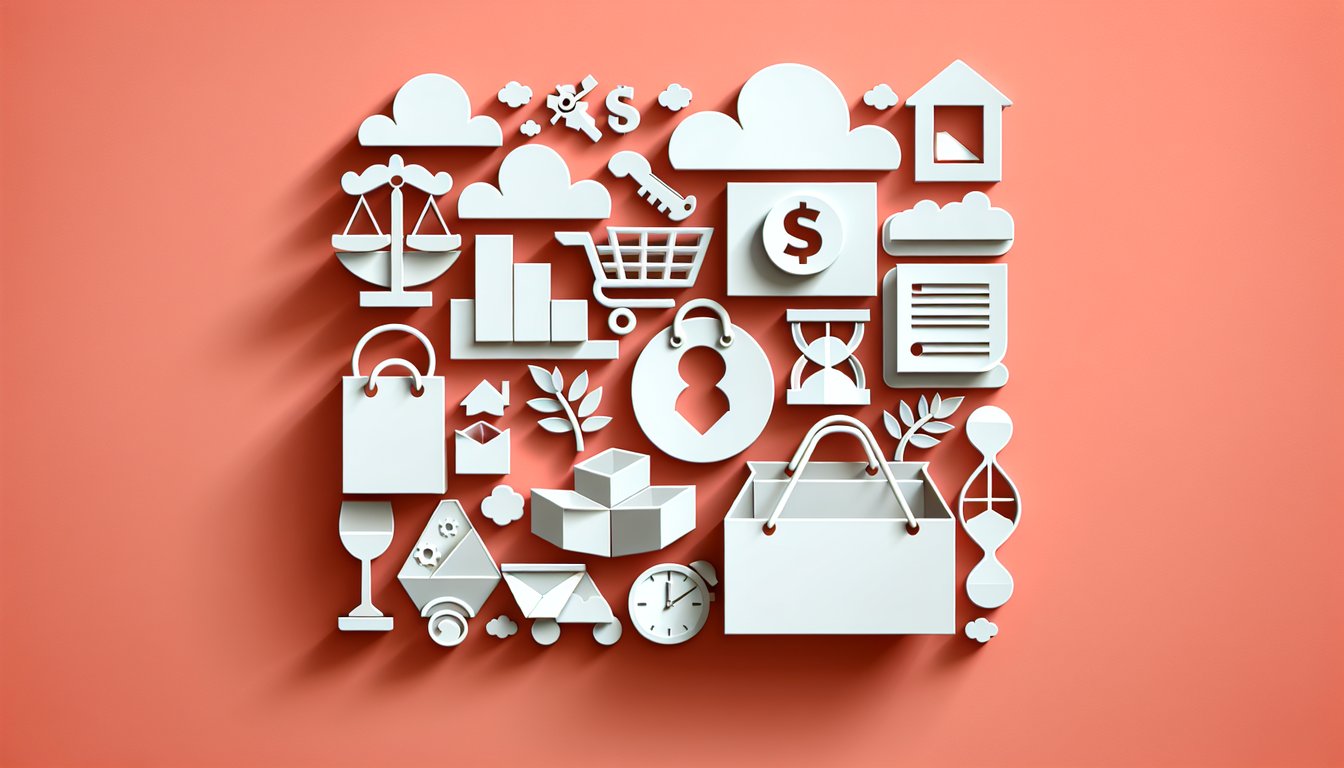 Paper art collage of marketing icons goods services pricing principles with quiz title on coral background