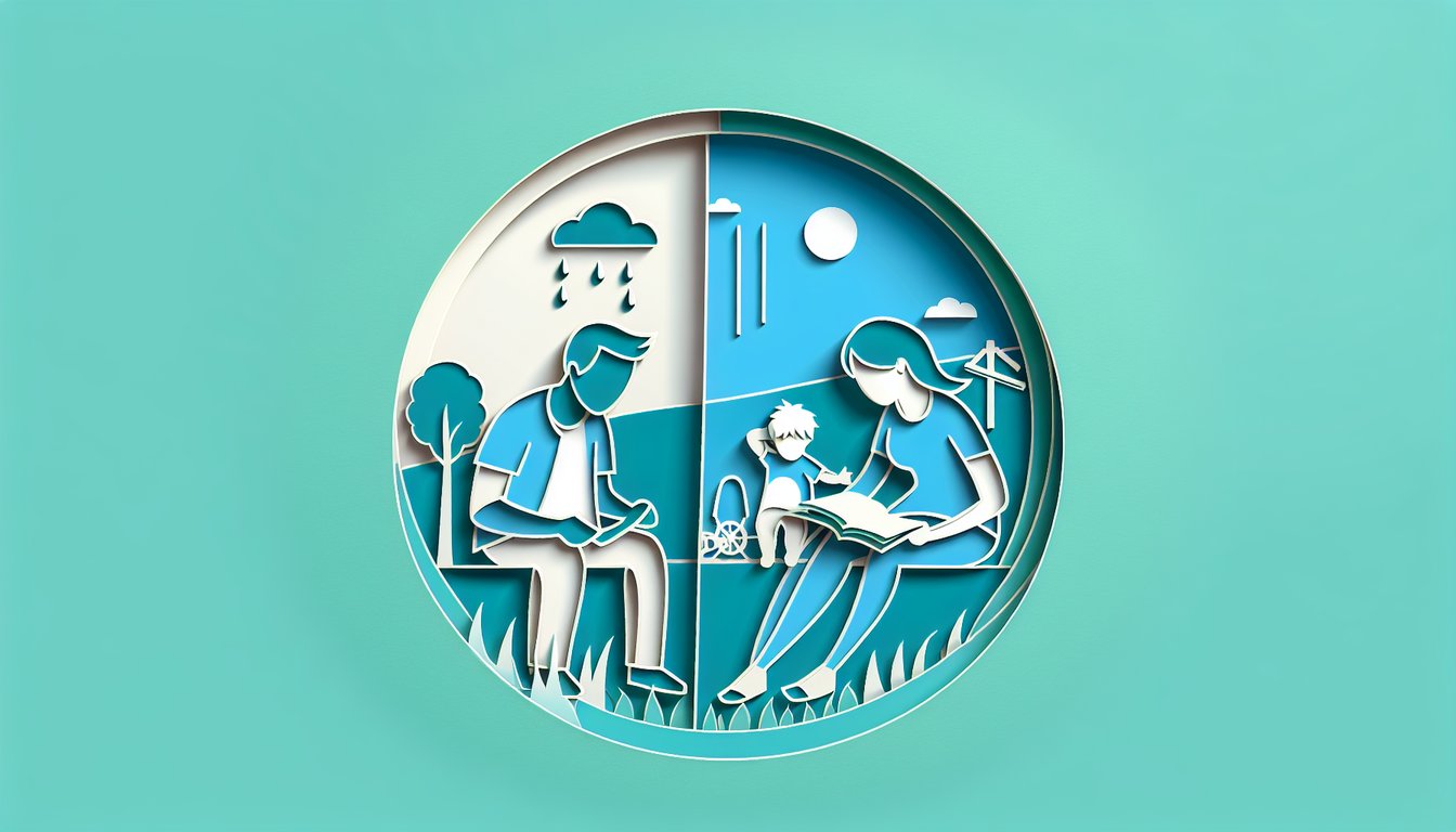 paper cutout of parent and child icons with checklist and question mark on teal background for parenting quiz