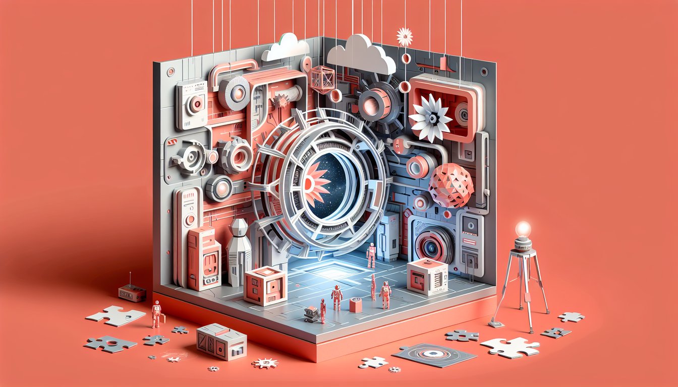 Paper art quiz illustration on Aperture Science from Portal game on a coral background.