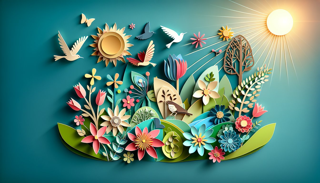 Paper art illustration with colorful spring blooms migrating birds and quiz title on teal background