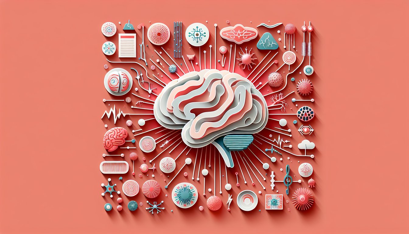 Paper art stylized brain with branching nerves labeled CNS, ANS, SNS, PNS on coral background for nervous system quiz
