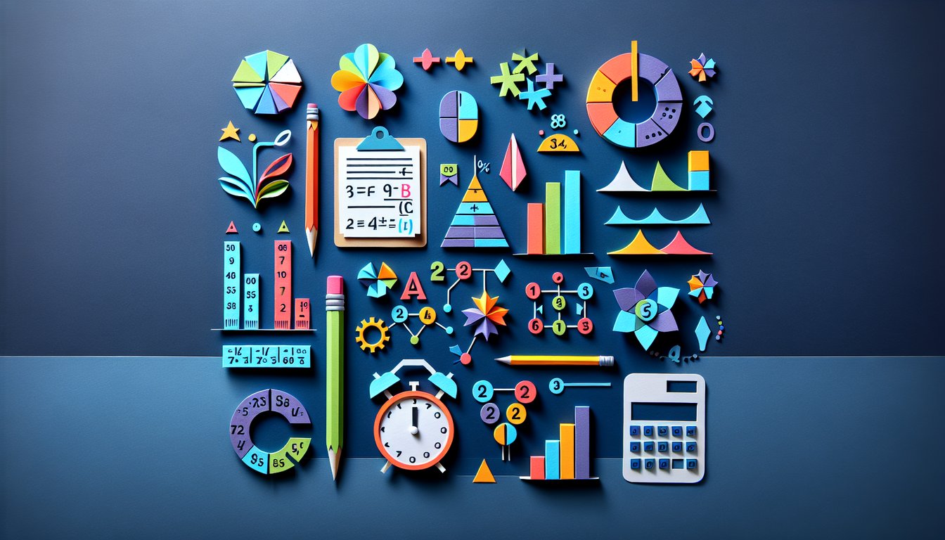 Colorful paper art promoting a challenging GED Math Mastery trivia quiz.