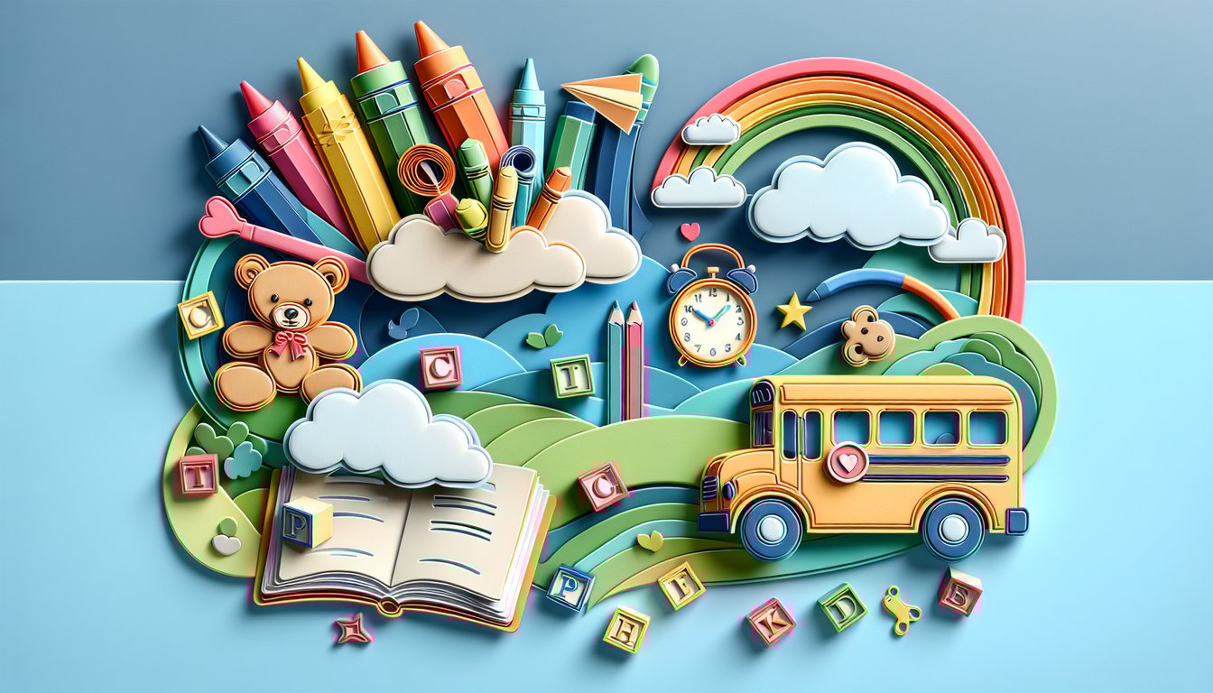 Paper art illustration for a kindergarten readiness quiz on a sky blue background