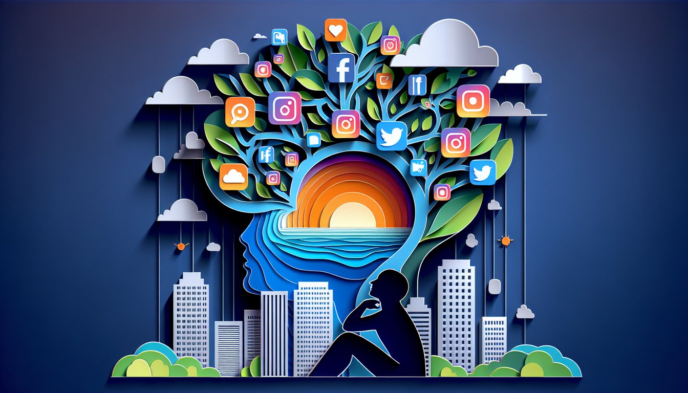 Paper art illustration for social media detox quiz on a dark blue background
