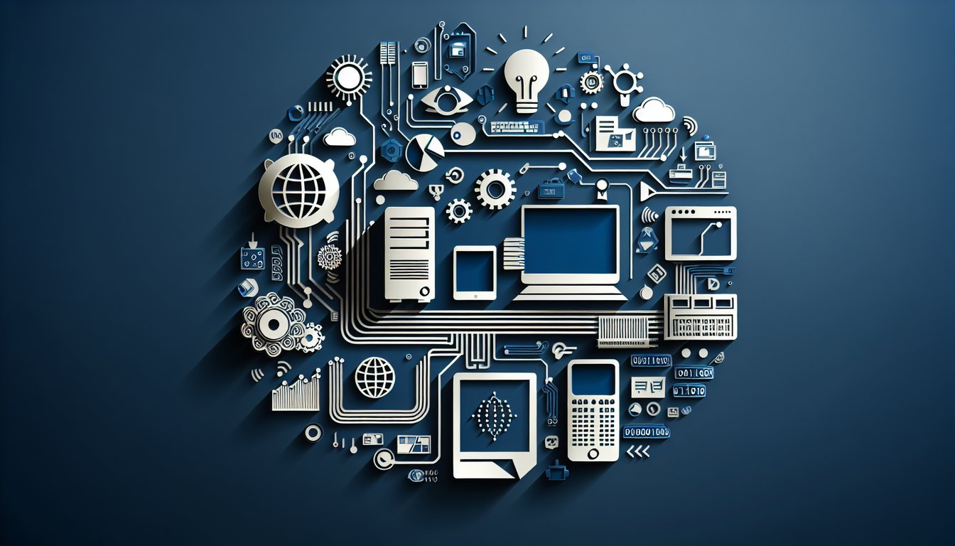 Paper art illustration of computer icons quiz cards routers and chips on dark blue background for IT trivia challenge