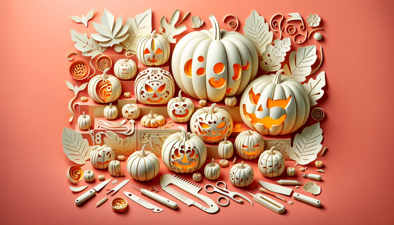 Paper art style carved pumpkin on coral background inviting free quiz for creative pumpkin carving ideas